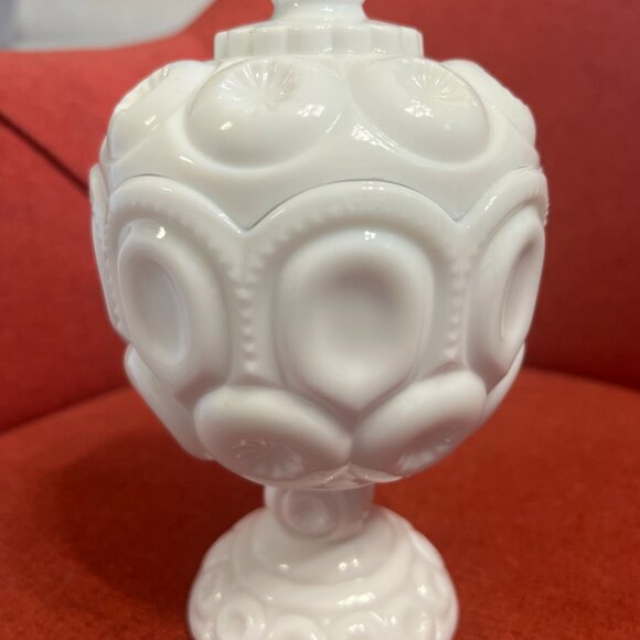 Vintage Moon and Stars Milk Glass Compote Jar with Lid - LE Smith 1960s - Picture 14 of 14